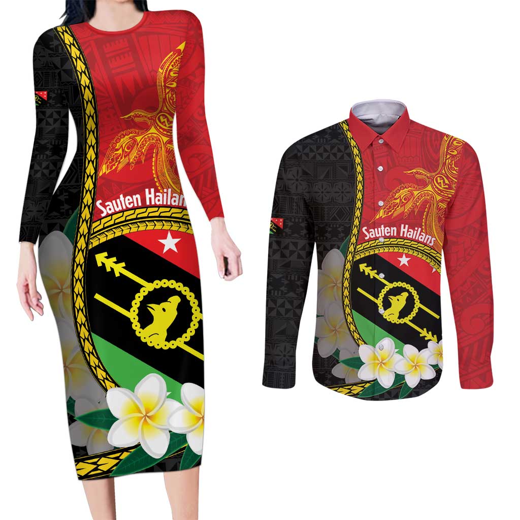 Personalised PNG Sauten Hailans Couples Matching Long Sleeve Bodycon Dress and Long Sleeve Button Shirt Papua New Guinea Plumeria Melanesian Pattern - Polynesian Pride