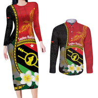 Personalised PNG Sauten Hailans Couples Matching Long Sleeve Bodycon Dress and Long Sleeve Button Shirt Papua New Guinea Plumeria Melanesian Pattern - Polynesian Pride