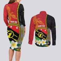 Personalised PNG Sauten Hailans Couples Matching Long Sleeve Bodycon Dress and Long Sleeve Button Shirt Papua New Guinea Plumeria Melanesian Pattern - Polynesian Pride