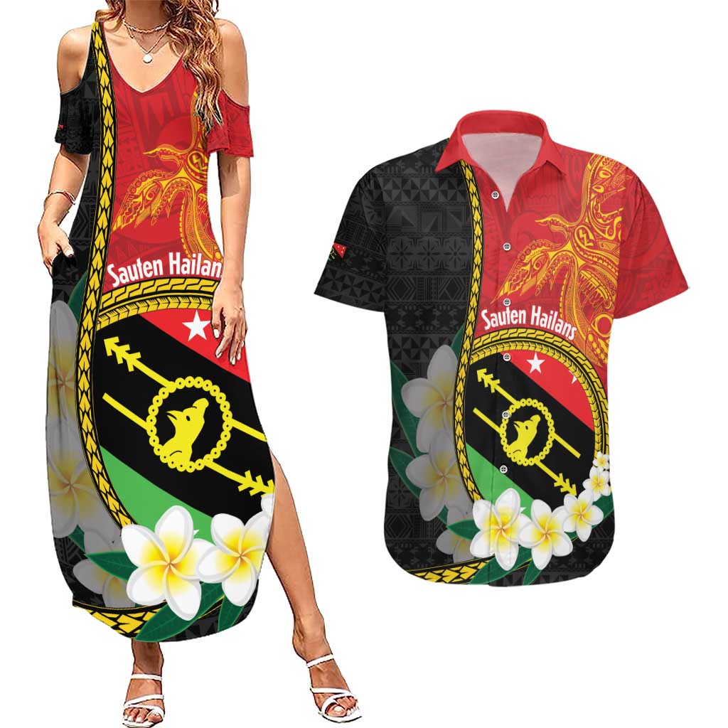 Personalised PNG Sauten Hailans Couples Matching Summer Maxi Dress and Hawaiian Shirt Papua New Guinea Plumeria Melanesian Pattern - Polynesian Pride