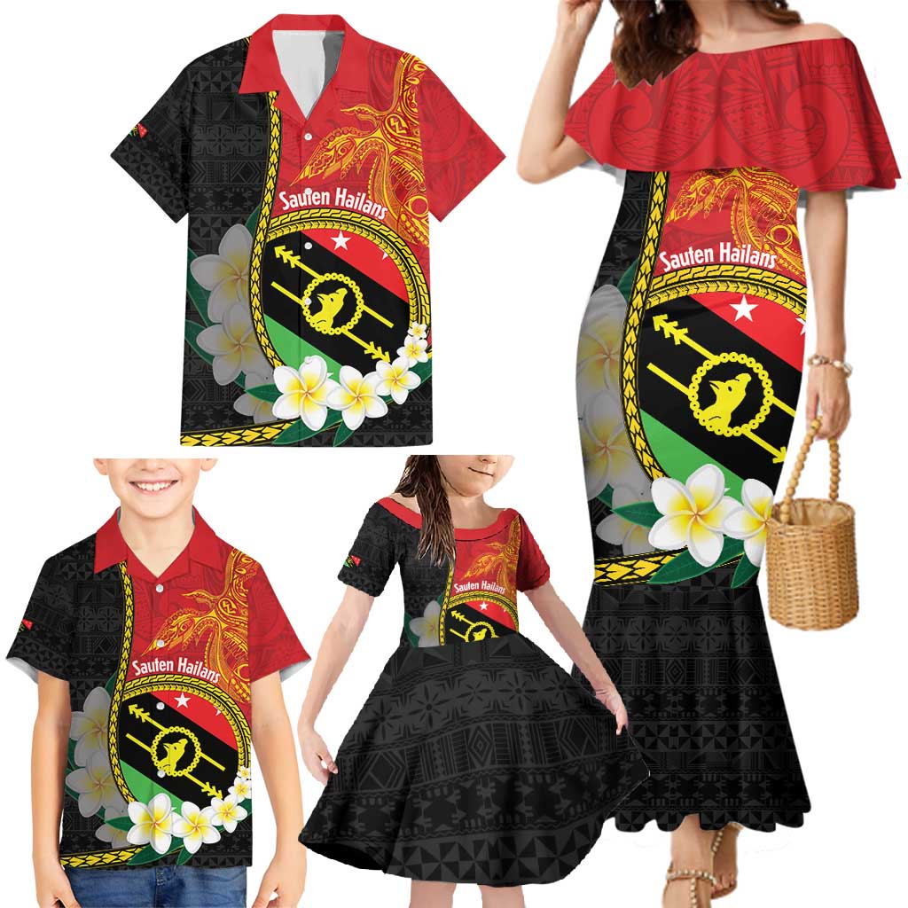 Personalised PNG Sauten Hailans Family Matching Mermaid Dress and Hawaiian Shirt Papua New Guinea Plumeria Melanesian Pattern - Polynesian Pride