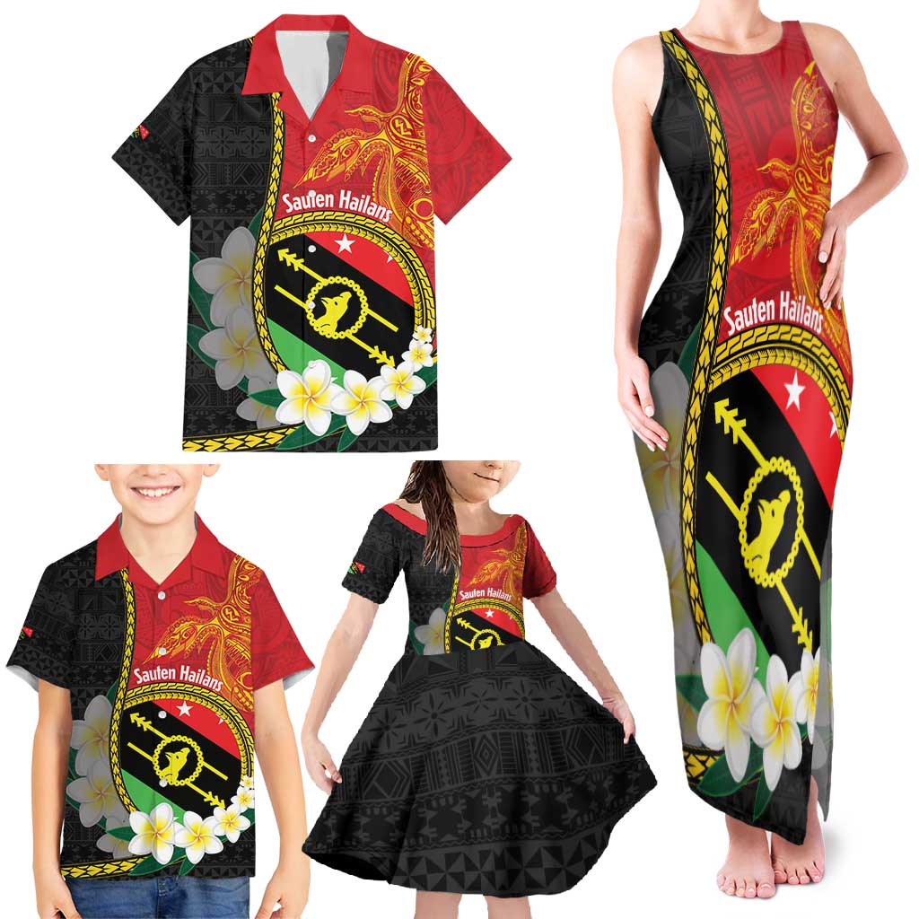 Personalised PNG Sauten Hailans Family Matching Tank Maxi Dress and Hawaiian Shirt Papua New Guinea Plumeria Melanesian Pattern - Polynesian Pride