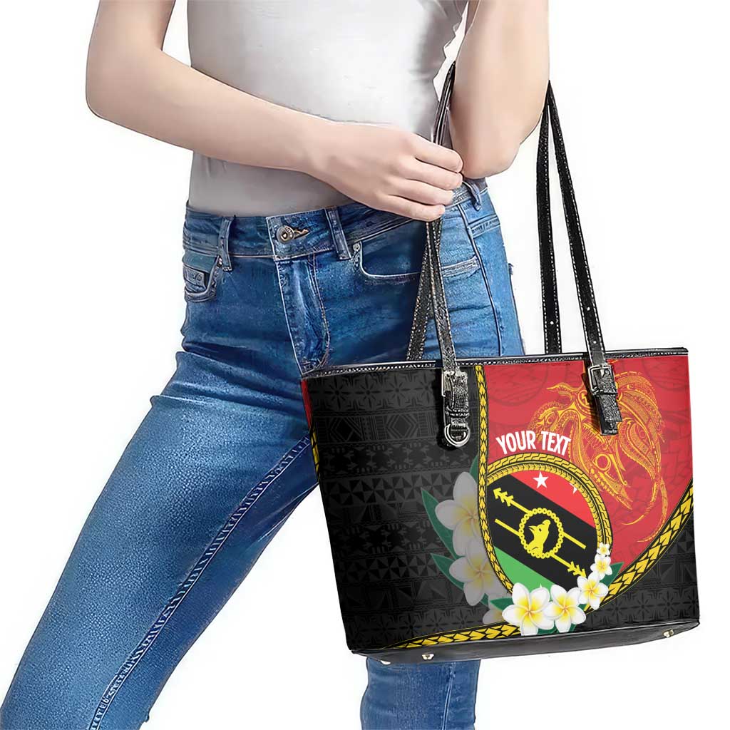 Personalised PNG Sauten Hailans Leather Tote Bag Papua New Guinea Plumeria Melanesian Pattern - Polynesian Pride