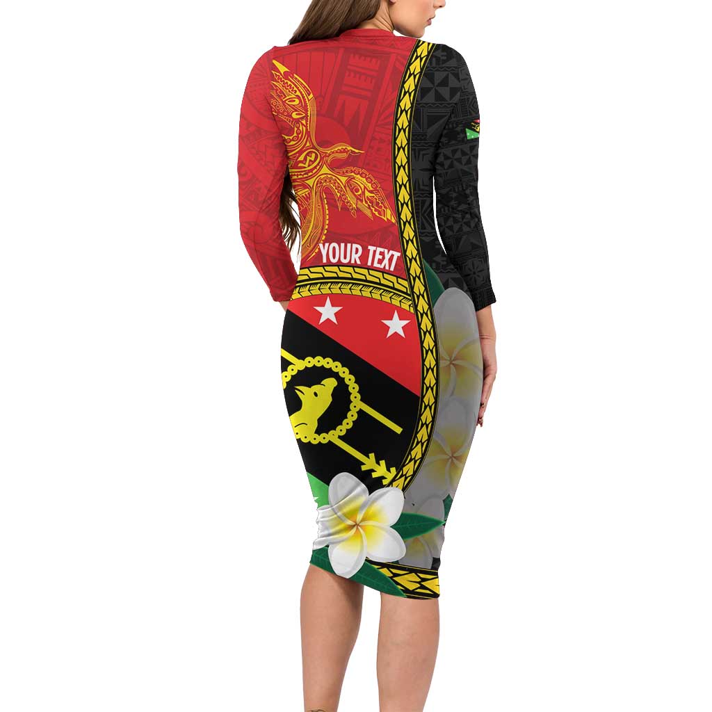 Personalised PNG Sauten Hailans Long Sleeve Bodycon Dress Papua New Guinea Plumeria Melanesian Pattern - Polynesian Pride