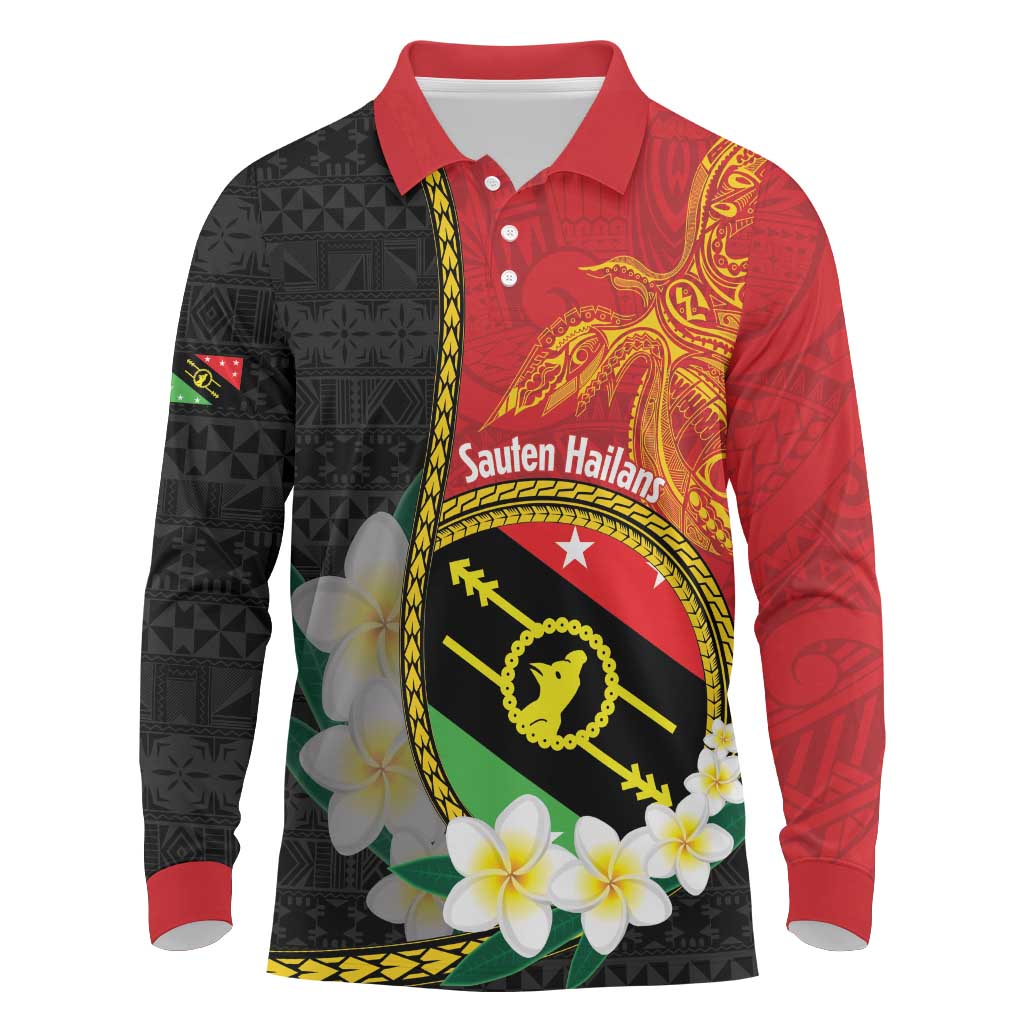 Personalised PNG Sauten Hailans Long Sleeve Polo Shirt Papua New Guinea Plumeria Melanesian Pattern - Polynesian Pride