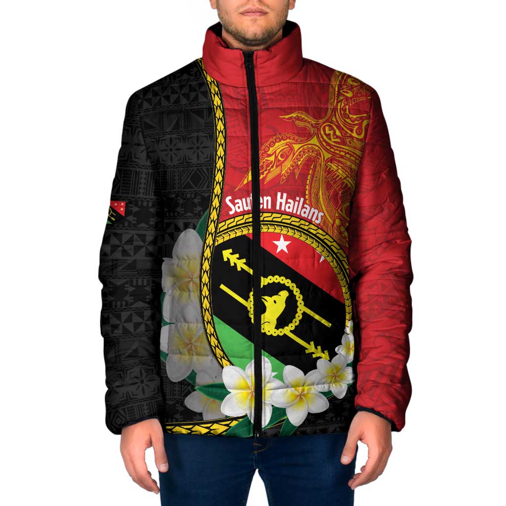 Personalised PNG Sauten Hailans Padded Jacket Papua New Guinea Plumeria Melanesian Pattern - Polynesian Pride