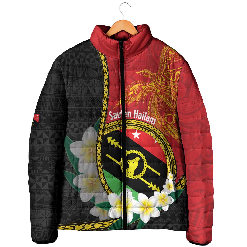 Personalised PNG Sauten Hailans Padded Jacket Papua New Guinea Plumeria Melanesian Pattern - Polynesian Pride