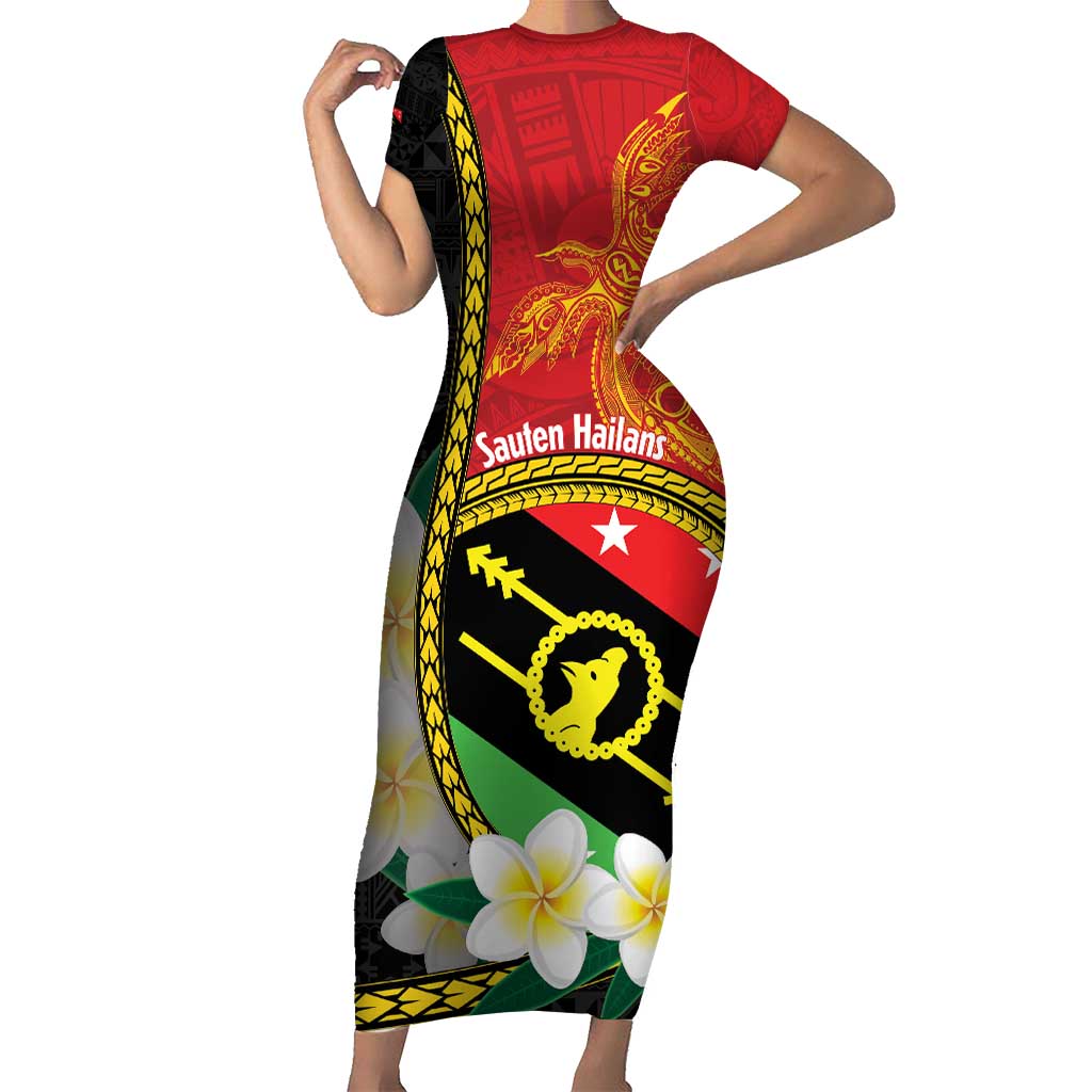 Personalised PNG Sauten Hailans Short Sleeve Bodycon Dress Papua New Guinea Plumeria Melanesian Pattern LT14 Long Dress Red - Polynesian Pride