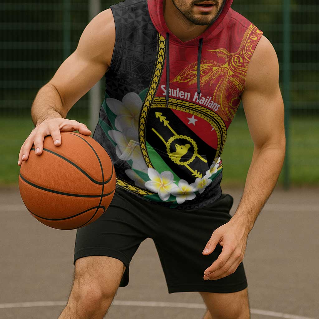 Personalised PNG Sauten Hailans Sleeveless Hoodie Papua New Guinea Plumeria Melanesian Pattern - Polynesian Pride