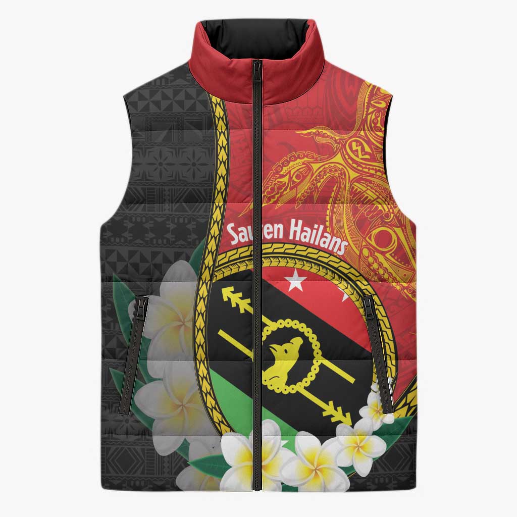 Personalised PNG Sauten Hailans Sleeveless Puffer Jacket Papua New Guinea Plumeria Melanesian Pattern - Polynesian Pride