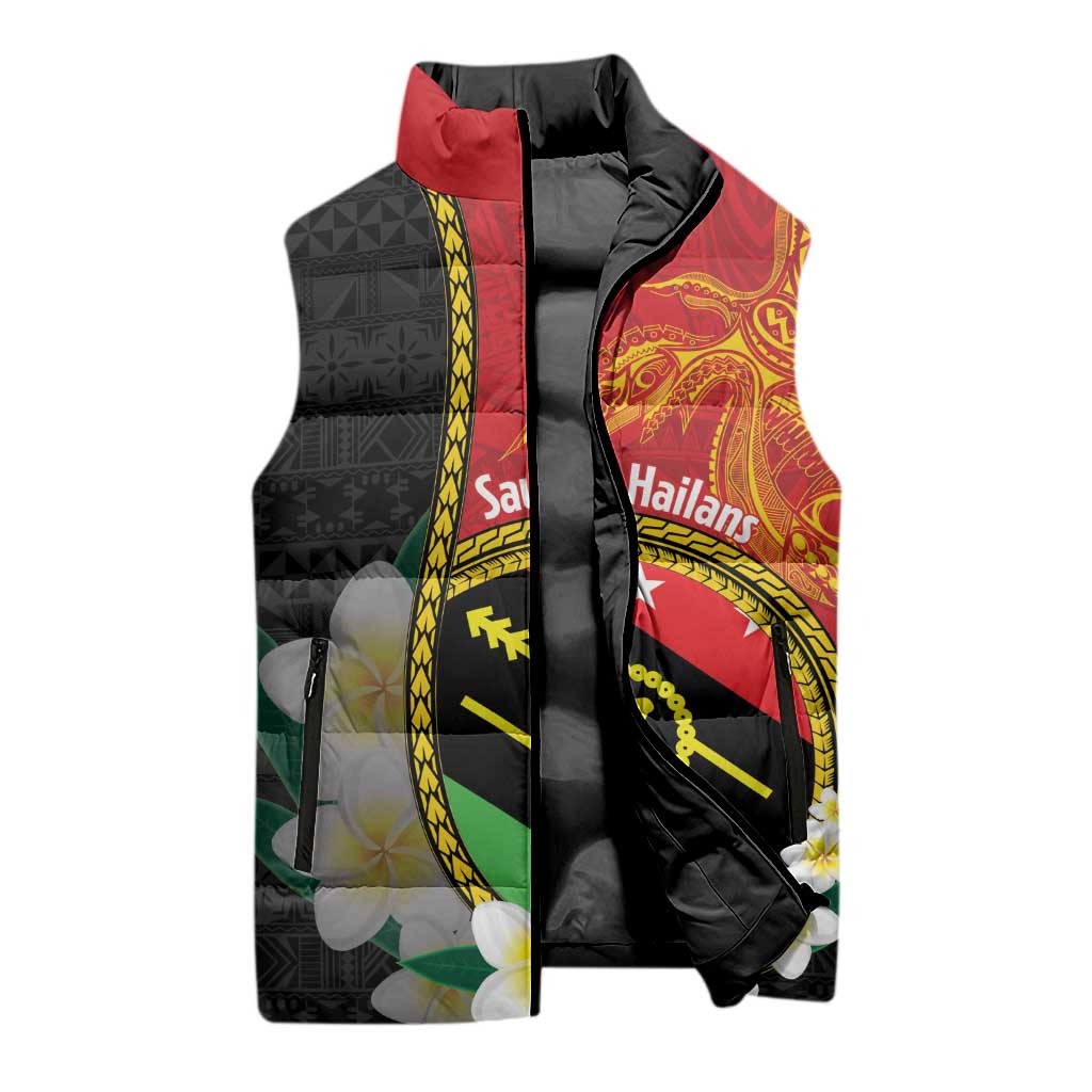Personalised PNG Sauten Hailans Sleeveless Puffer Jacket Papua New Guinea Plumeria Melanesian Pattern - Polynesian Pride