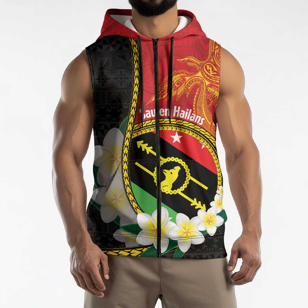 Personalised PNG Sauten Hailans Sleeveless Zip Hoodie Papua New Guinea Plumeria Melanesian Pattern LT14 - Polynesian Pride