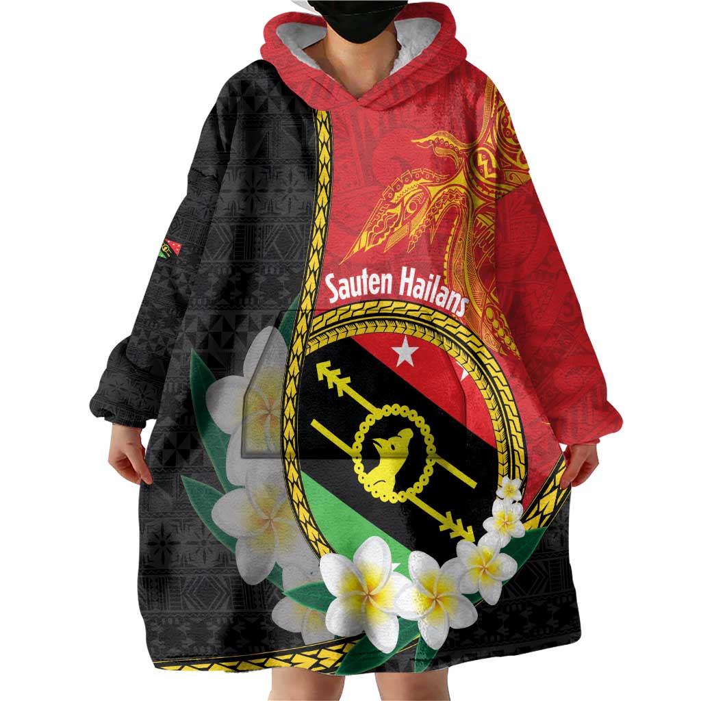 Personalised PNG Sauten Hailans Wearable Blanket Hoodie Papua New Guinea Plumeria Melanesian Pattern - Polynesian Pride