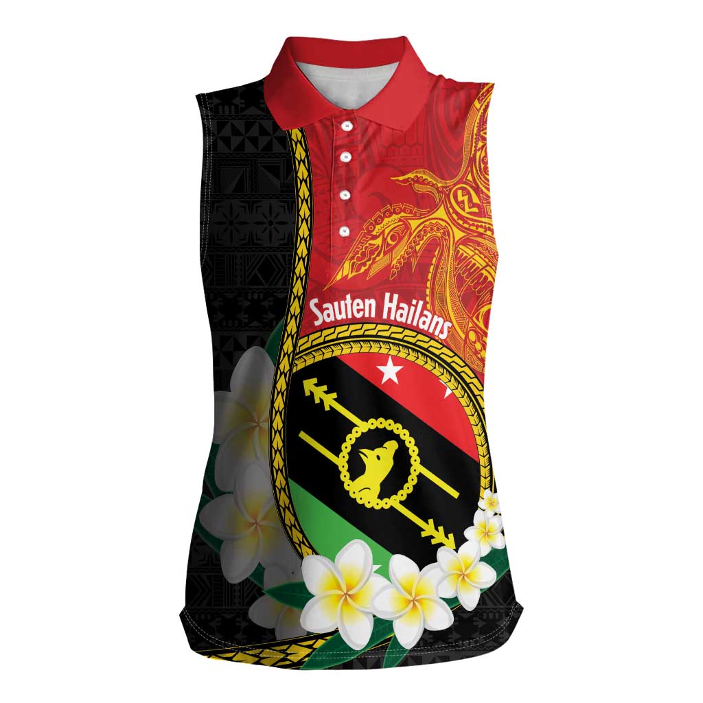 Personalised PNG Sauten Hailans Women Sleeveless Polo Shirt Papua New Guinea Plumeria Melanesian Pattern - Polynesian Pride