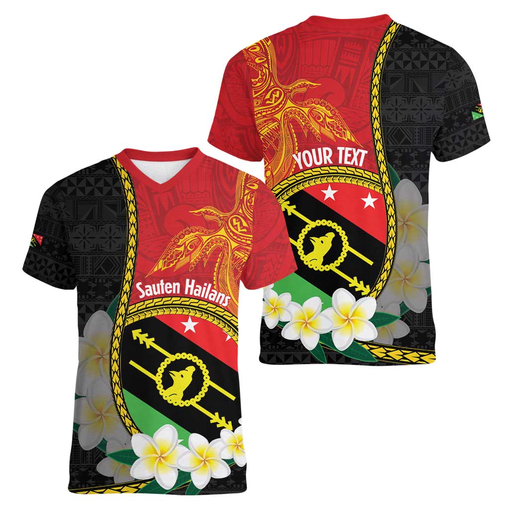 Personalised PNG Sauten Hailans Women V-Neck T-Shirt Papua New Guinea Plumeria Melanesian Pattern - Polynesian Pride