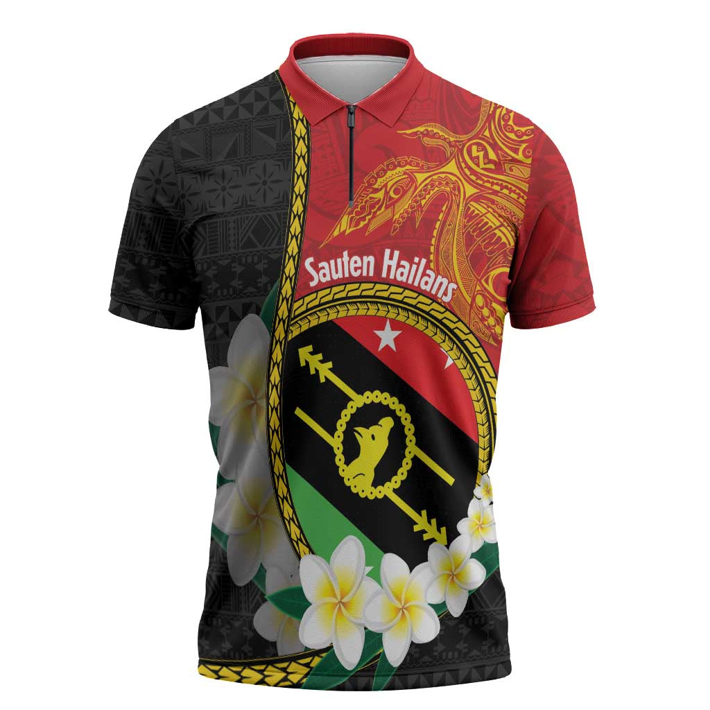 Personalised PNG Sauten Hailans Zipper Polo Shirt Papua New Guinea Plumeria Melanesian Pattern - Polynesian Pride
