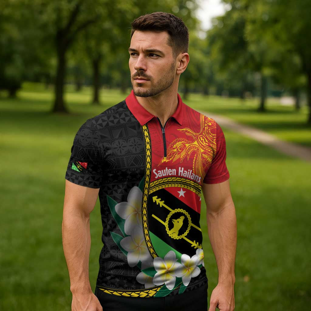 Personalised PNG Sauten Hailans Zipper Polo Shirt Papua New Guinea Plumeria Melanesian Pattern - Polynesian Pride