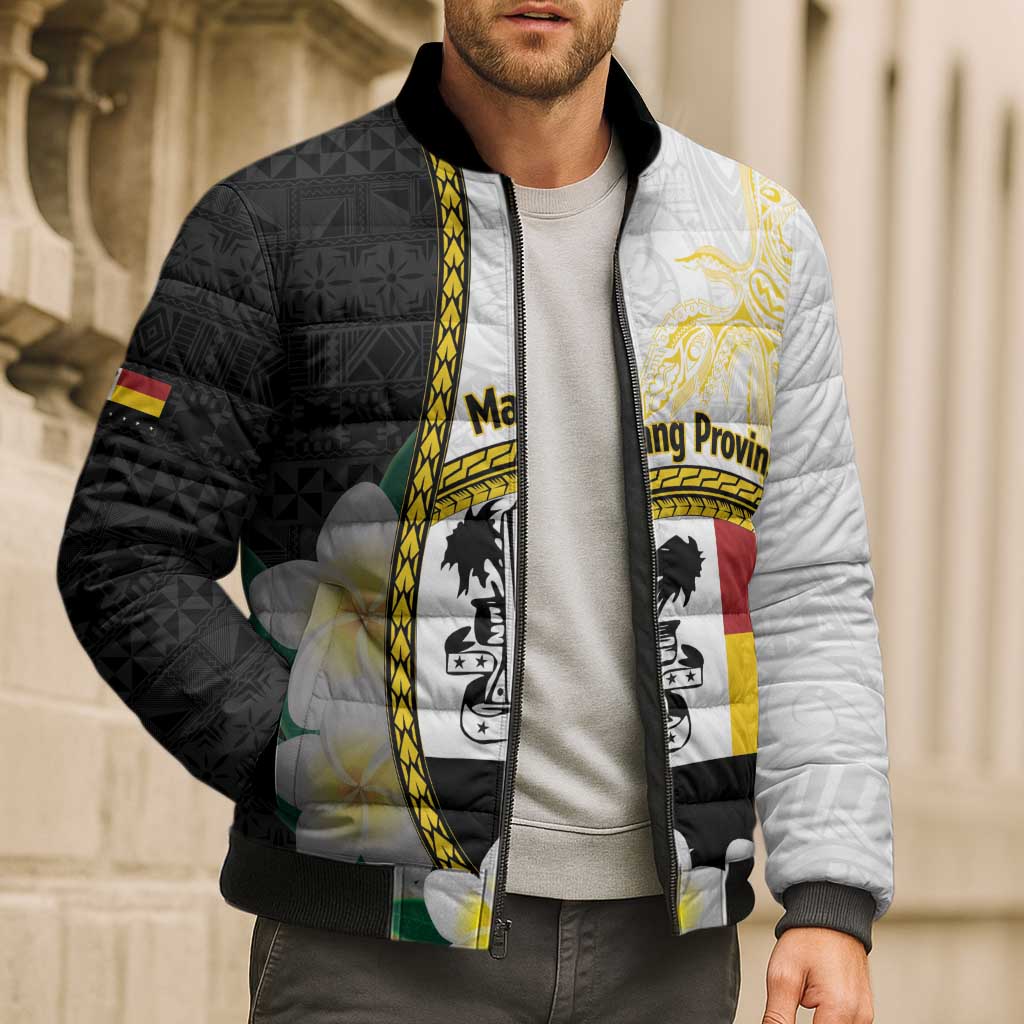 Personalised PNG Madang Provins Bomber Puffer Jacket Papua New Guinea Plumeria Melanesian Pattern - Polynesian Pride