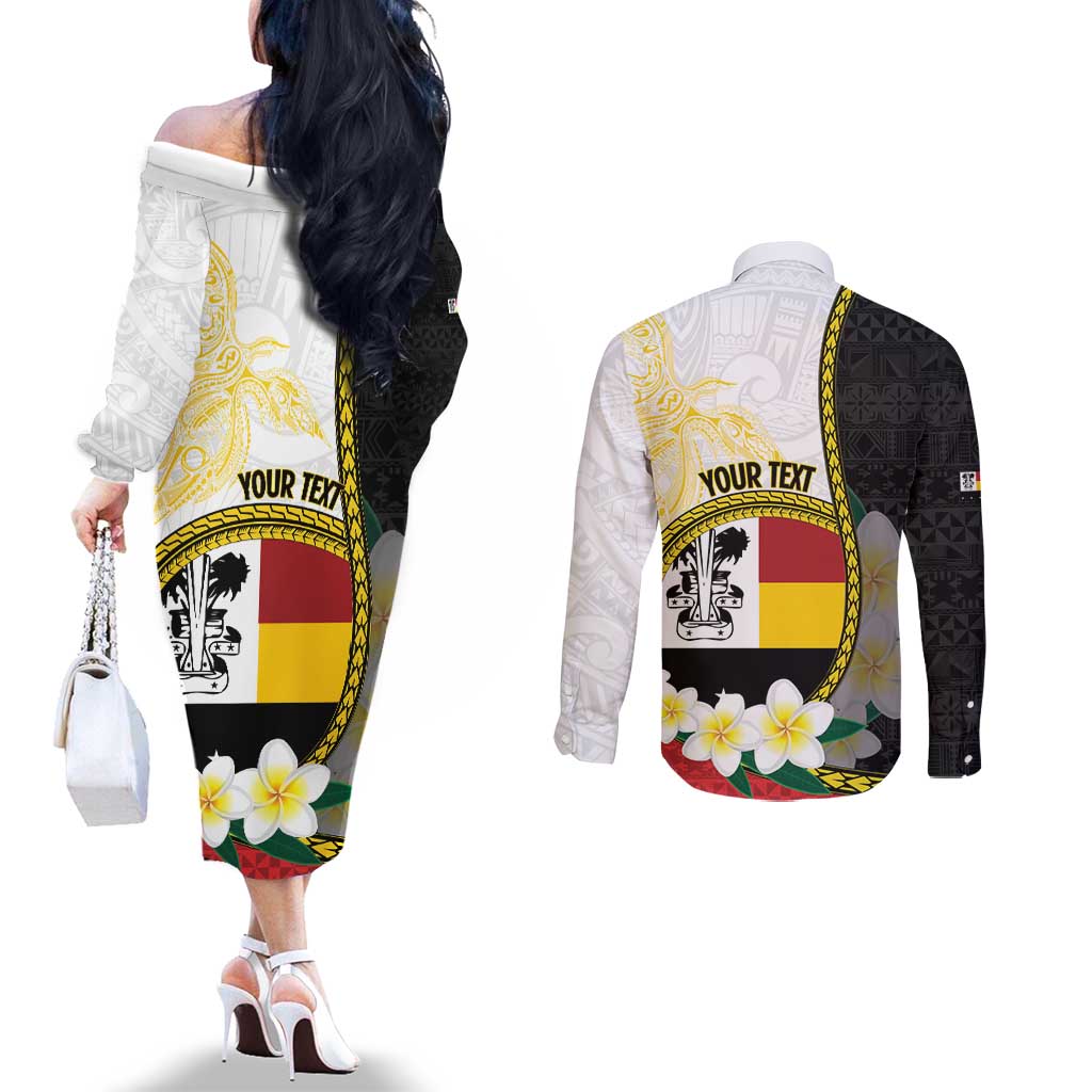 Personalised PNG Madang Provins Couples Matching Off The Shoulder Long Sleeve Dress and Long Sleeve Button Shirt Papua New Guinea Plumeria Melanesian Pattern - Polynesian Pride