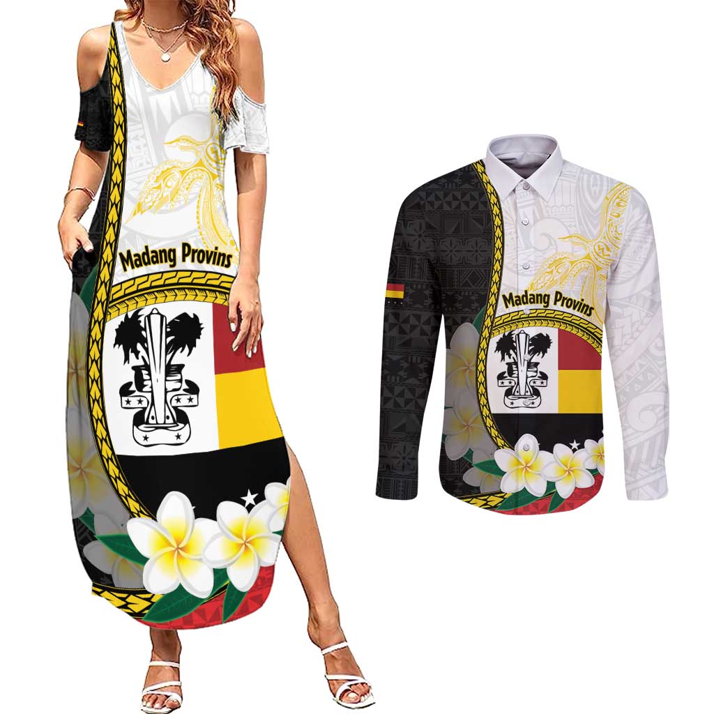 Personalised PNG Madang Provins Couples Matching Summer Maxi Dress and Long Sleeve Button Shirt Papua New Guinea Plumeria Melanesian Pattern - Polynesian Pride
