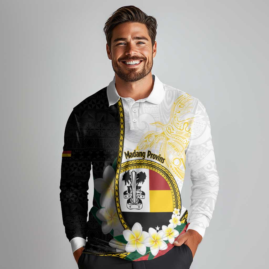Personalised PNG Madang Provins Long Sleeve Polo Shirt Papua New Guinea Plumeria Melanesian Pattern - Polynesian Pride
