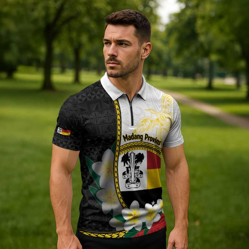 Personalised PNG Madang Provins Zipper Polo Shirt Papua New Guinea Plumeria Melanesian Pattern - Polynesian Pride