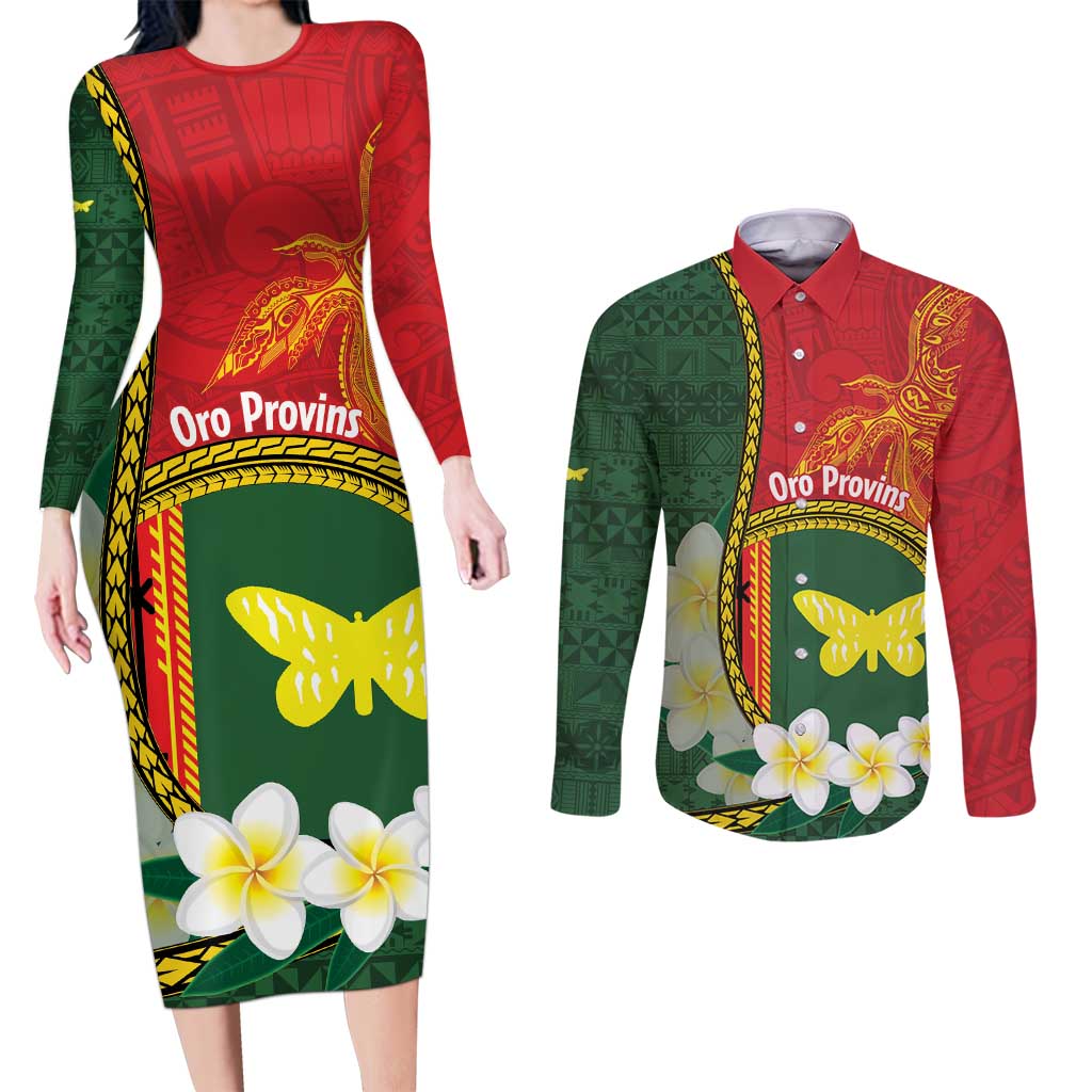 Personalised PNG Oro Provins Couples Matching Long Sleeve Bodycon Dress and Long Sleeve Button Shirt Papua New Guinea Plumeria Melanesian Pattern - Polynesian Pride