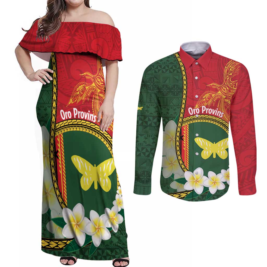 Personalised PNG Oro Provins Couples Matching Off Shoulder Maxi Dress and Long Sleeve Button Shirt Papua New Guinea Plumeria Melanesian Pattern - Polynesian Pride