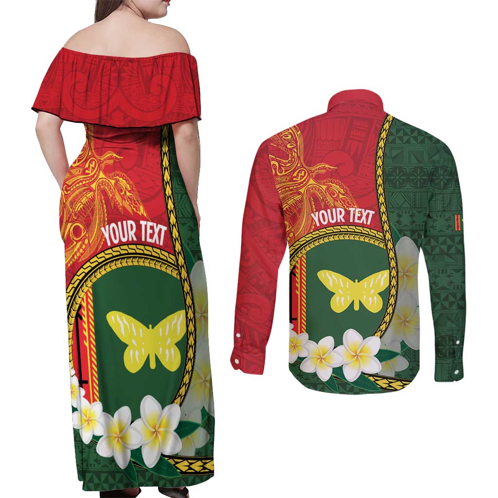Personalised PNG Oro Provins Couples Matching Off Shoulder Maxi Dress and Long Sleeve Button Shirt Papua New Guinea Plumeria Melanesian Pattern - Polynesian Pride