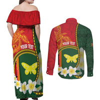 Personalised PNG Oro Provins Couples Matching Off Shoulder Maxi Dress and Long Sleeve Button Shirt Papua New Guinea Plumeria Melanesian Pattern - Polynesian Pride