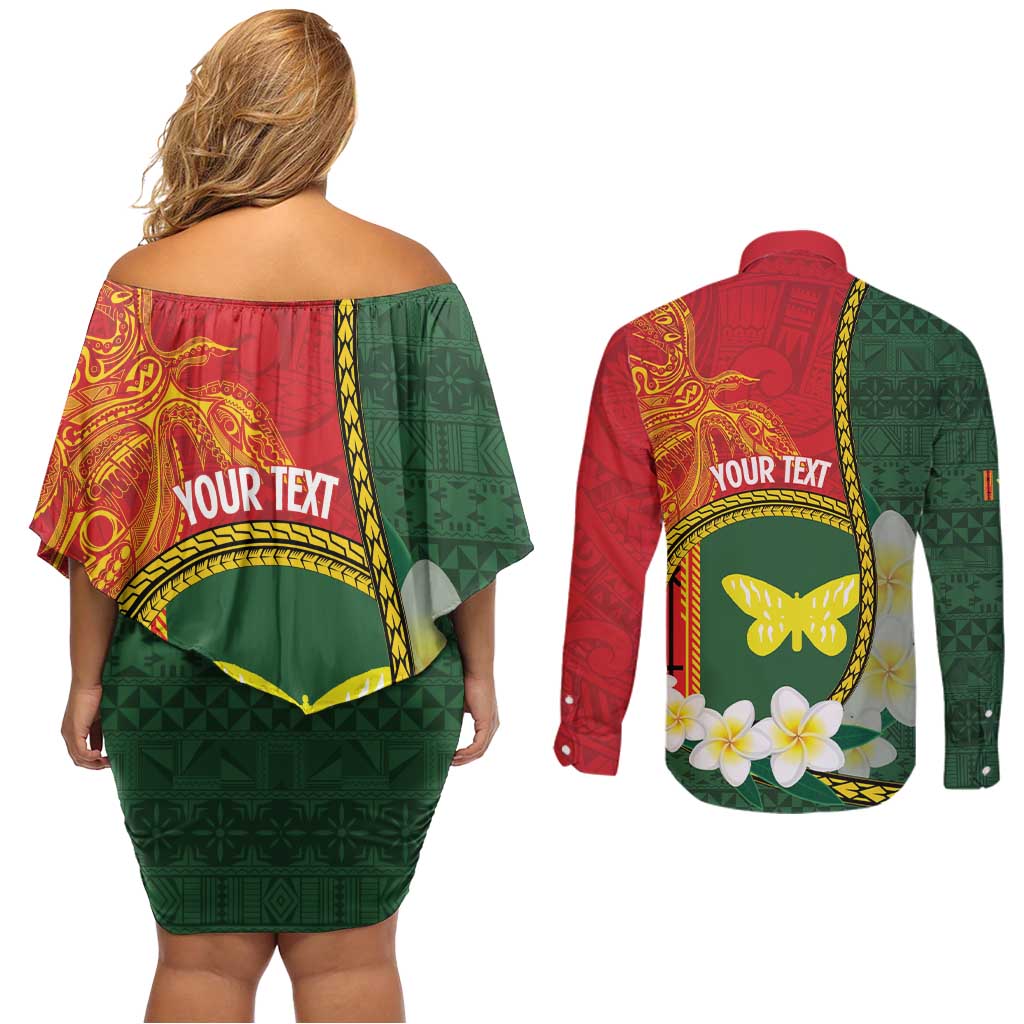 Personalised PNG Oro Provins Couples Matching Off Shoulder Short Dress and Long Sleeve Button Shirt Papua New Guinea Plumeria Melanesian Pattern - Polynesian Pride