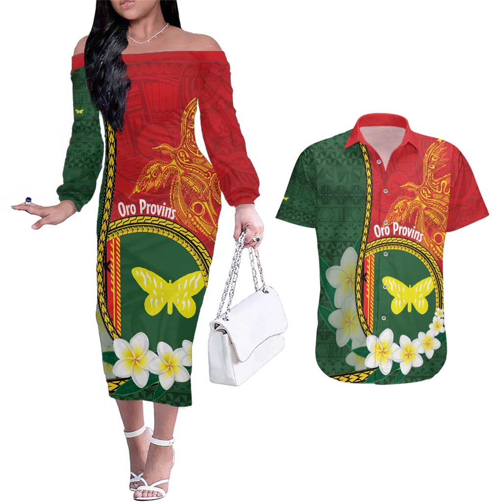 Personalised PNG Oro Provins Couples Matching Off The Shoulder Long Sleeve Dress and Hawaiian Shirt Papua New Guinea Plumeria Melanesian Pattern - Polynesian Pride
