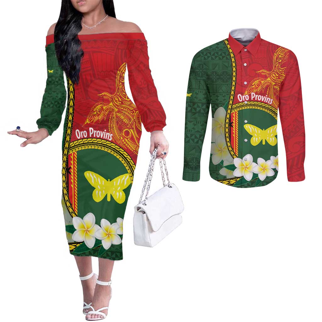 Personalised PNG Oro Provins Couples Matching Off The Shoulder Long Sleeve Dress and Long Sleeve Button Shirt Papua New Guinea Plumeria Melanesian Pattern - Polynesian Pride