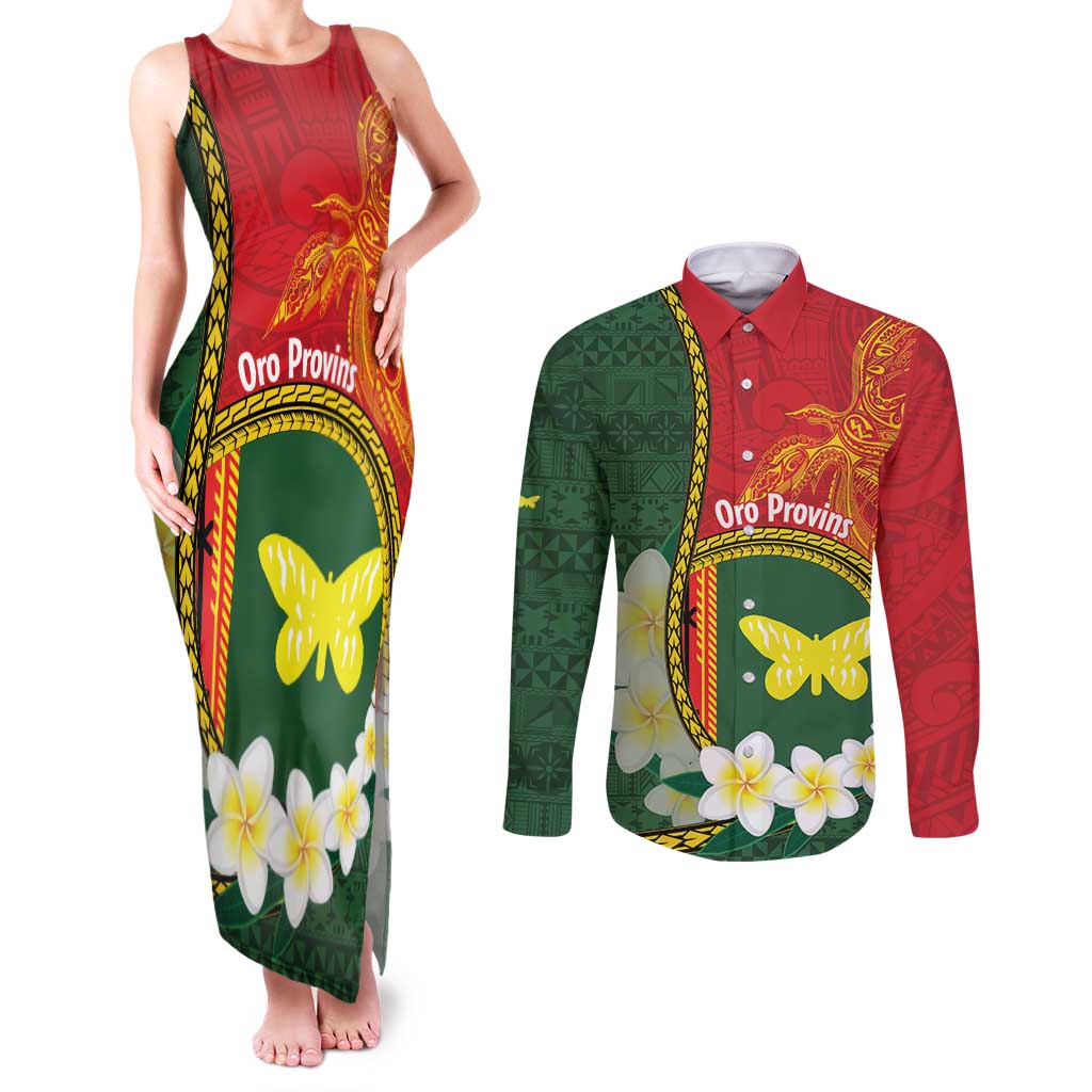 Personalised PNG Oro Provins Couples Matching Tank Maxi Dress and Long Sleeve Button Shirt Papua New Guinea Plumeria Melanesian Pattern - Polynesian Pride
