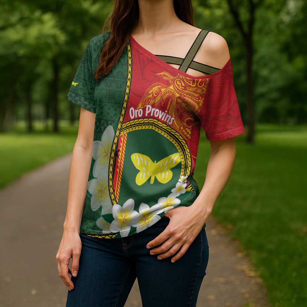 Personalised PNG Oro Provins Cross Shoulder Shirt Papua New Guinea Plumeria Melanesian Pattern - Polynesian Pride