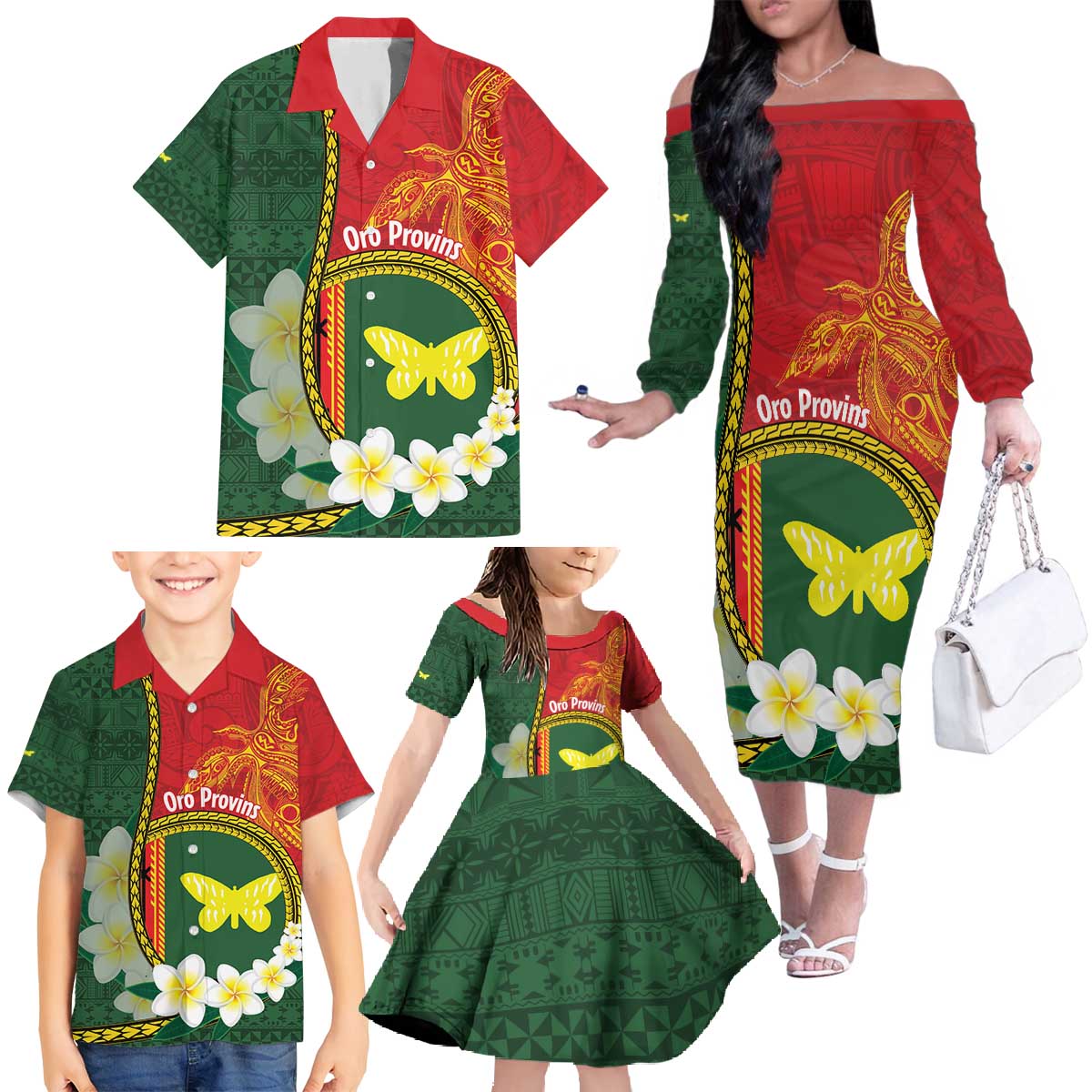 Personalised PNG Oro Provins Family Matching Off The Shoulder Long Sleeve Dress and Hawaiian Shirt Papua New Guinea Plumeria Melanesian Pattern - Polynesian Pride