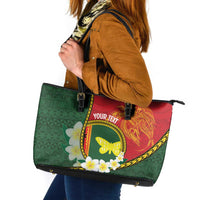 Personalised PNG Oro Provins Leather Tote Bag Papua New Guinea Plumeria Melanesian Pattern - Polynesian Pride