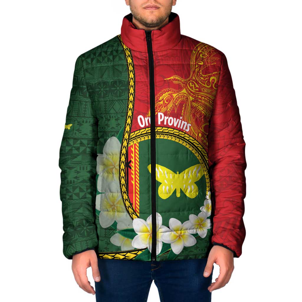 Personalised PNG Oro Provins Padded Jacket Papua New Guinea Plumeria Melanesian Pattern - Polynesian Pride