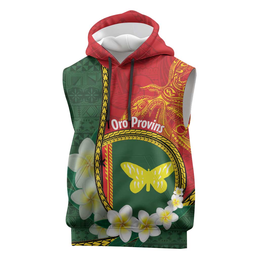 Personalised PNG Oro Provins Sleeveless Hoodie Papua New Guinea Plumeria Melanesian Pattern - Polynesian Pride