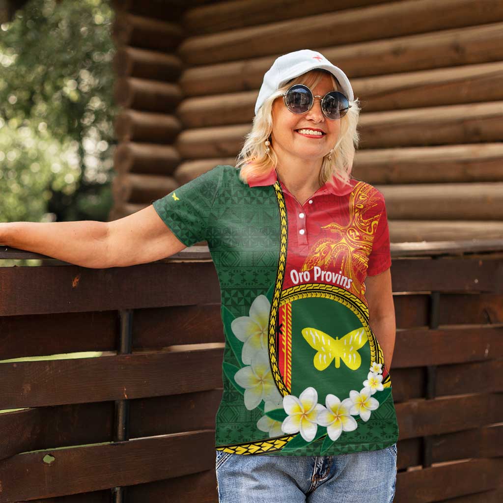 Personalised PNG Oro Provins Women Polo Shirt Papua New Guinea Plumeria Melanesian Pattern - Polynesian Pride