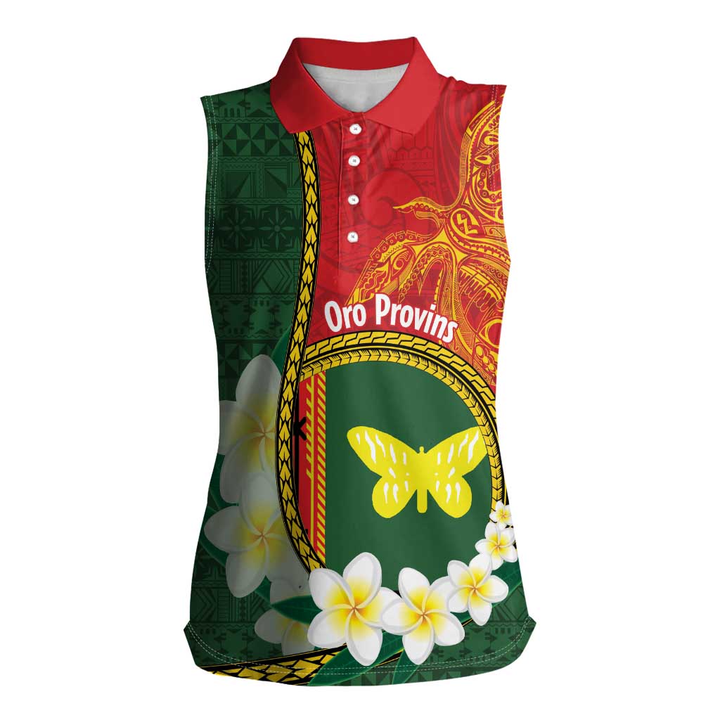 Personalised PNG Oro Provins Women Sleeveless Polo Shirt Papua New Guinea Plumeria Melanesian Pattern - Polynesian Pride