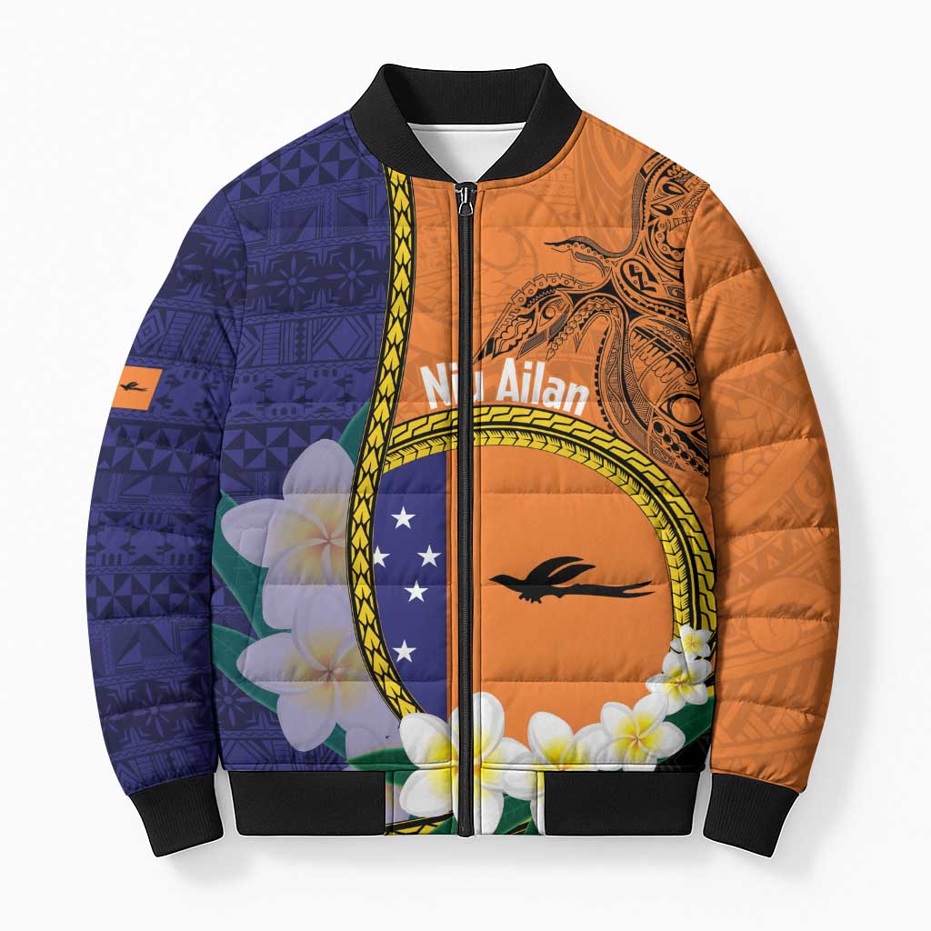 Personalised PNG Niu Ailan Bomber Puffer Jacket Papua New Guinea Plumeria Melanesian Pattern - Polynesian Pride