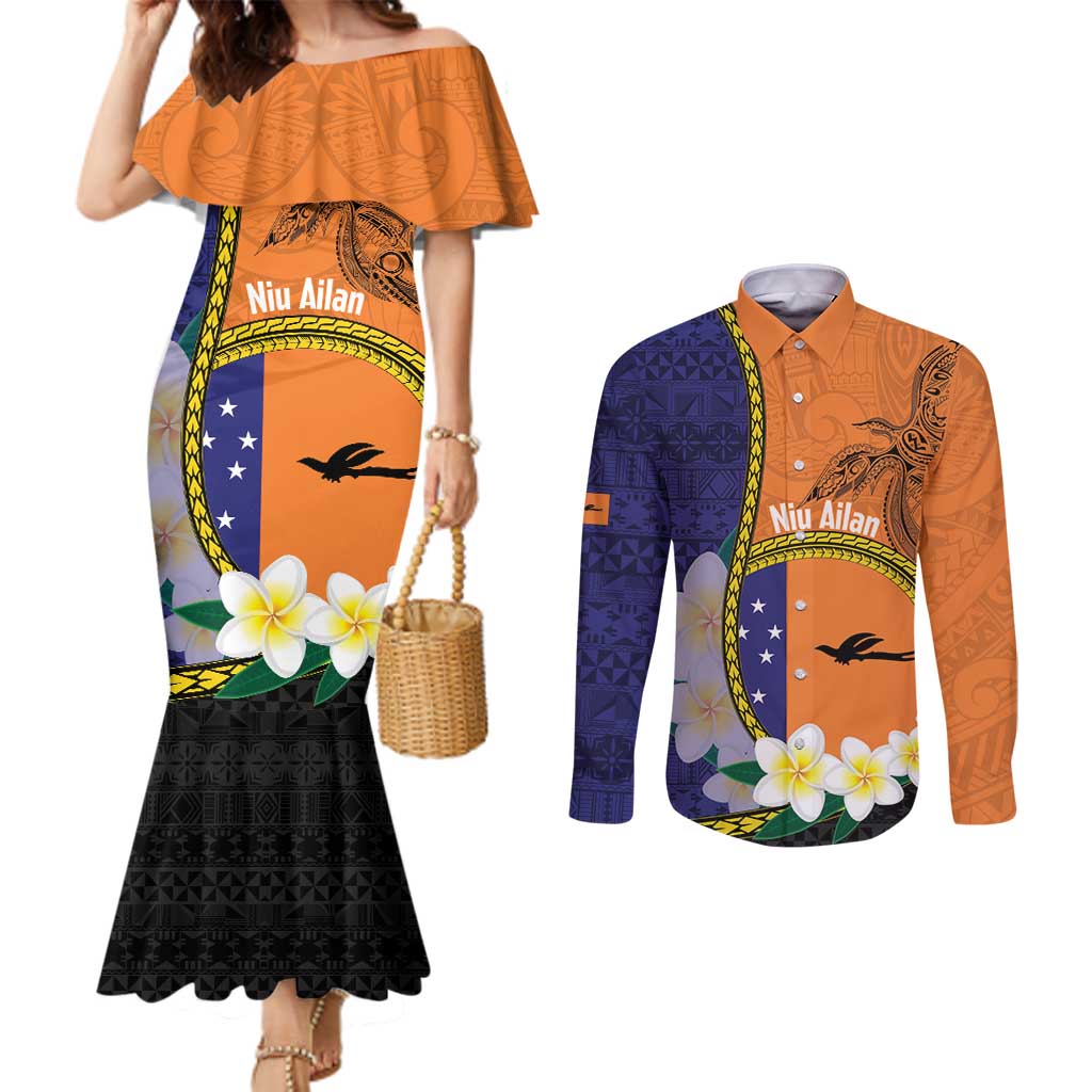 Personalised PNG Niu Ailan Couples Matching Mermaid Dress and Long Sleeve Button Shirt Papua New Guinea Plumeria Melanesian Pattern - Polynesian Pride