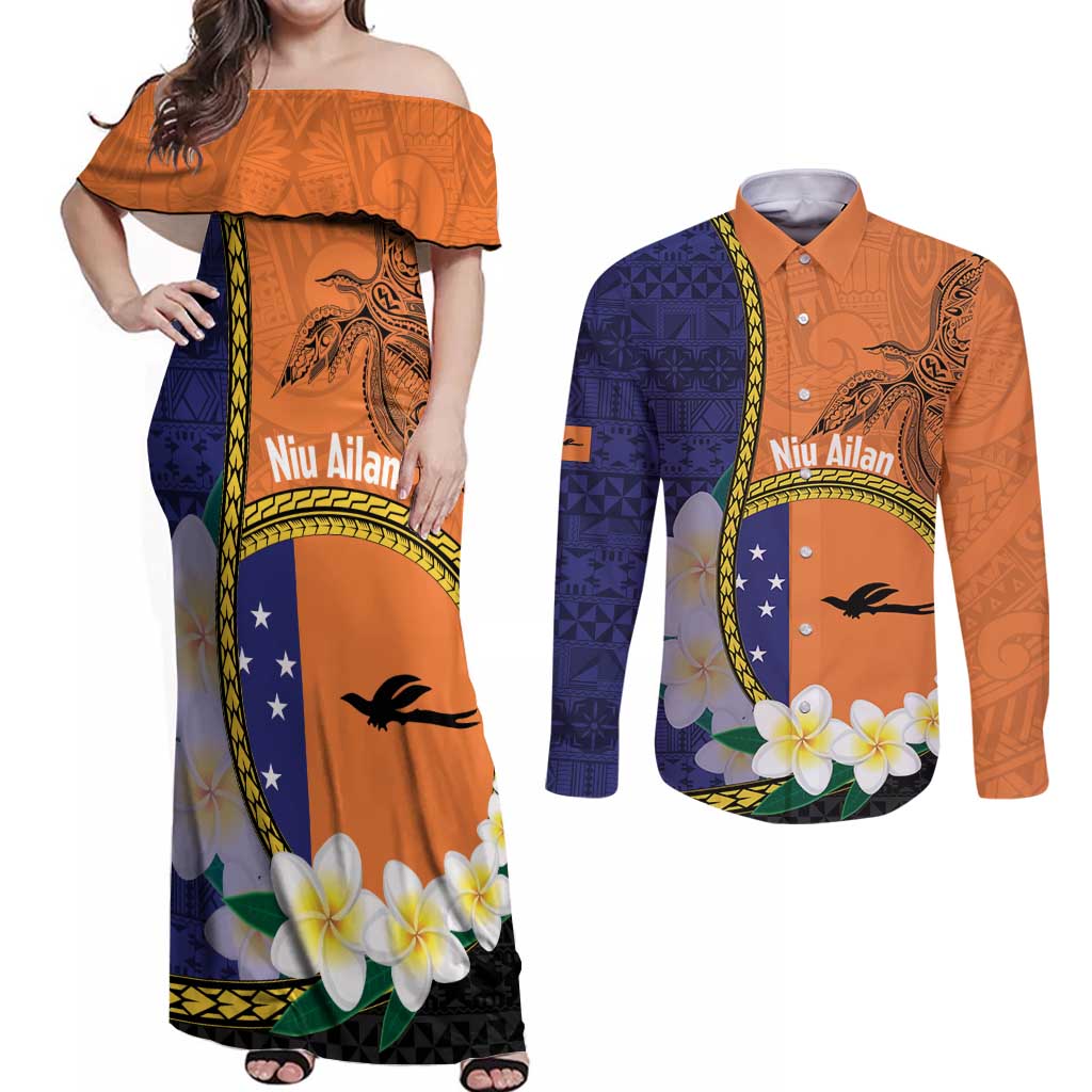 Personalised PNG Niu Ailan Couples Matching Off Shoulder Maxi Dress and Long Sleeve Button Shirt Papua New Guinea Plumeria Melanesian Pattern - Polynesian Pride
