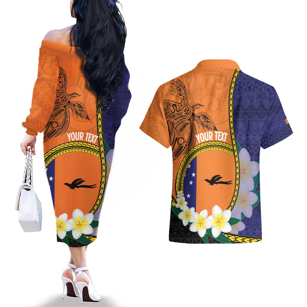 Personalised PNG Niu Ailan Couples Matching Off The Shoulder Long Sleeve Dress and Hawaiian Shirt Papua New Guinea Plumeria Melanesian Pattern - Polynesian Pride