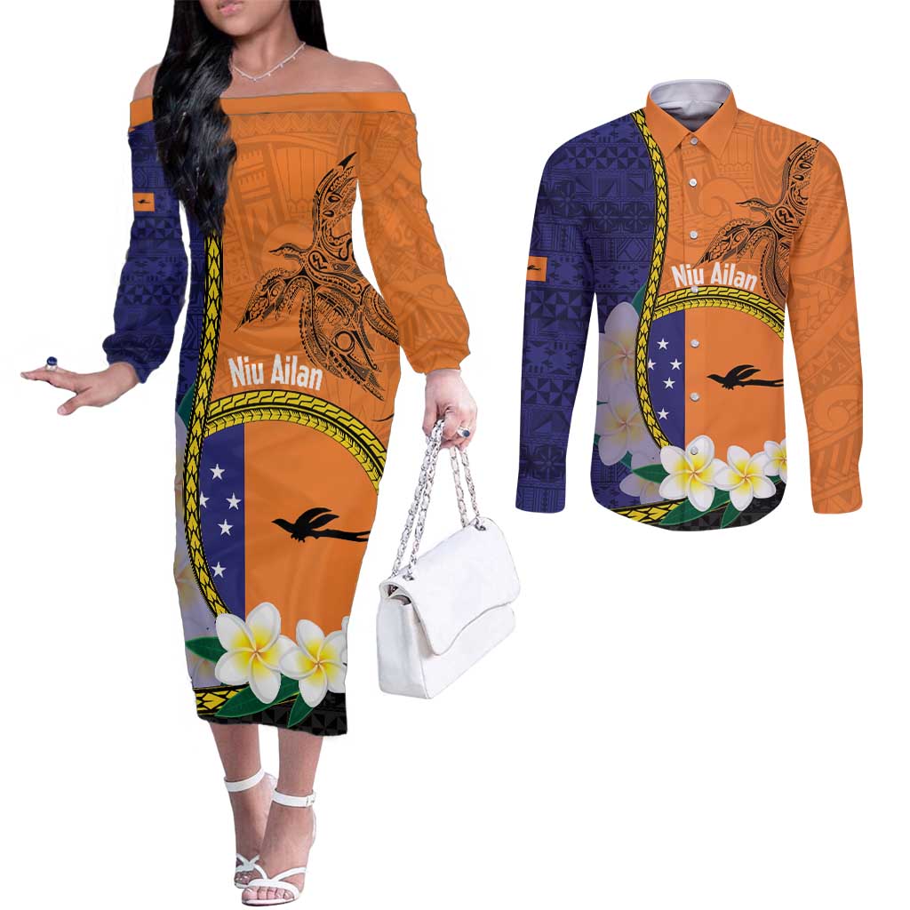 Personalised PNG Niu Ailan Couples Matching Off The Shoulder Long Sleeve Dress and Long Sleeve Button Shirt Papua New Guinea Plumeria Melanesian Pattern - Polynesian Pride