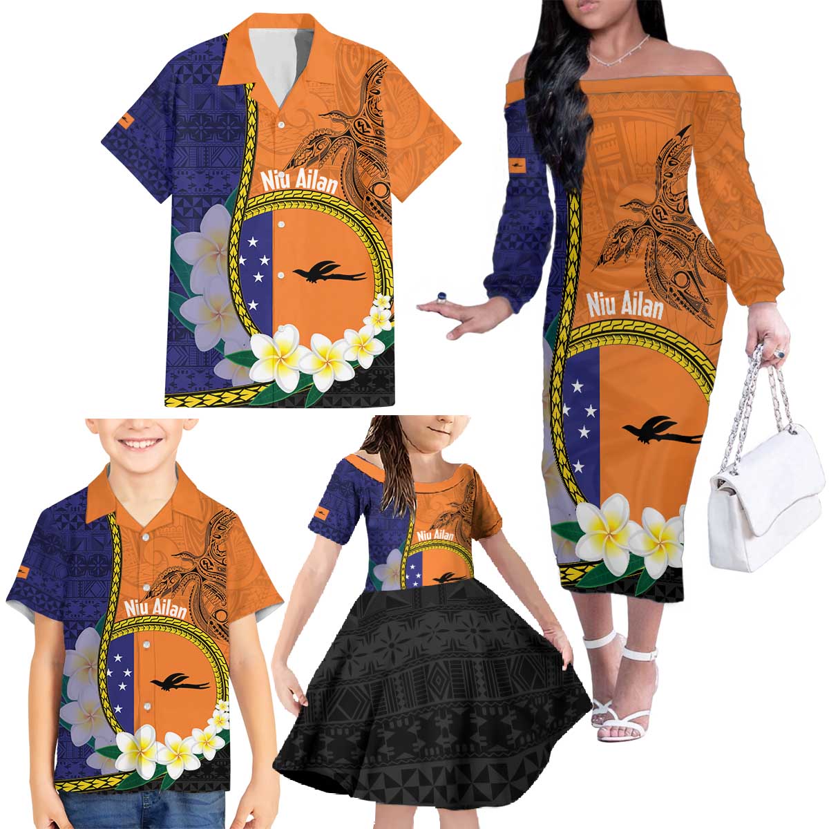 Personalised PNG Niu Ailan Family Matching Off The Shoulder Long Sleeve Dress and Hawaiian Shirt Papua New Guinea Plumeria Melanesian Pattern - Polynesian Pride