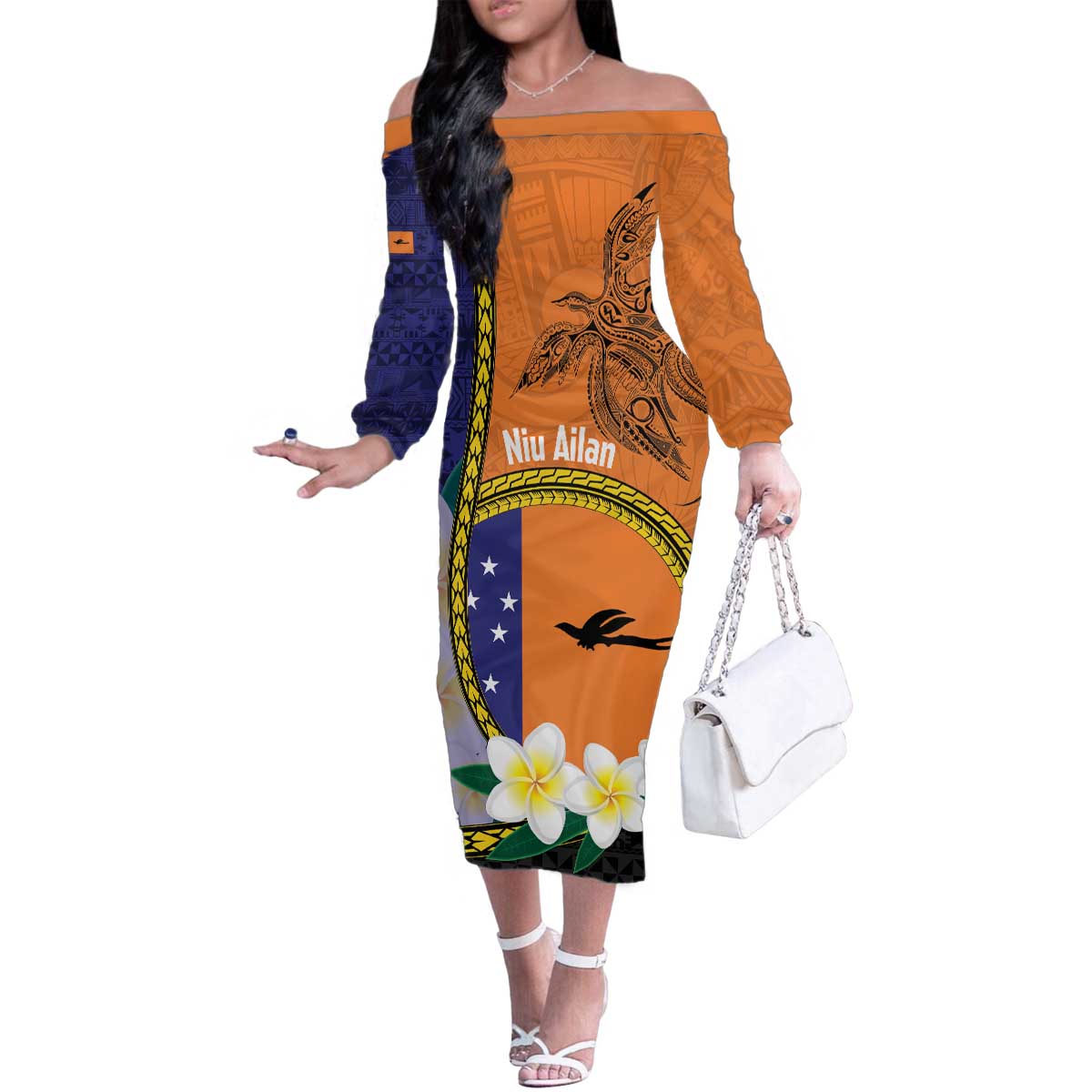 Personalised PNG Niu Ailan Family Matching Off The Shoulder Long Sleeve Dress and Hawaiian Shirt Papua New Guinea Plumeria Melanesian Pattern - Polynesian Pride