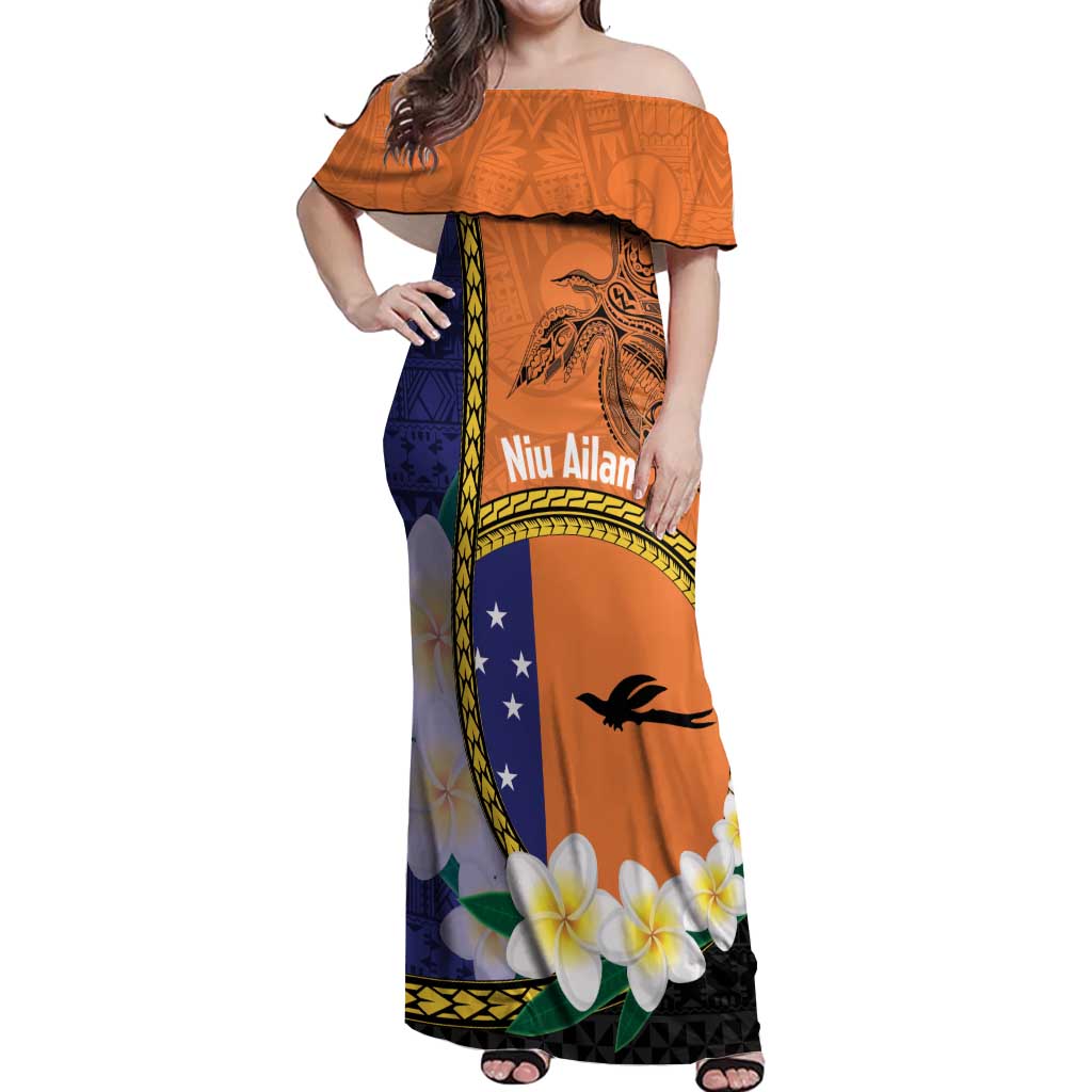 Personalised PNG Niu Ailan Off Shoulder Maxi Dress Papua New Guinea Plumeria Melanesian Pattern - Polynesian Pride