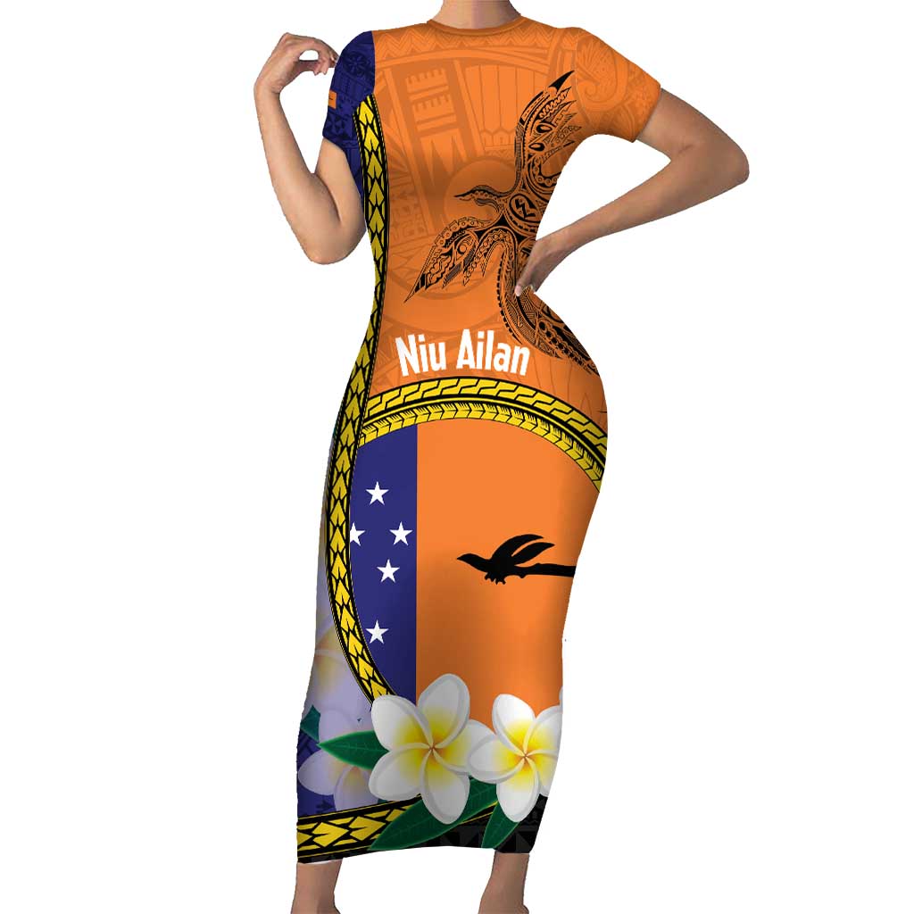 Personalised PNG Niu Ailan Short Sleeve Bodycon Dress Papua New Guinea Plumeria Melanesian Pattern LT14 Long Dress Orange - Polynesian Pride
